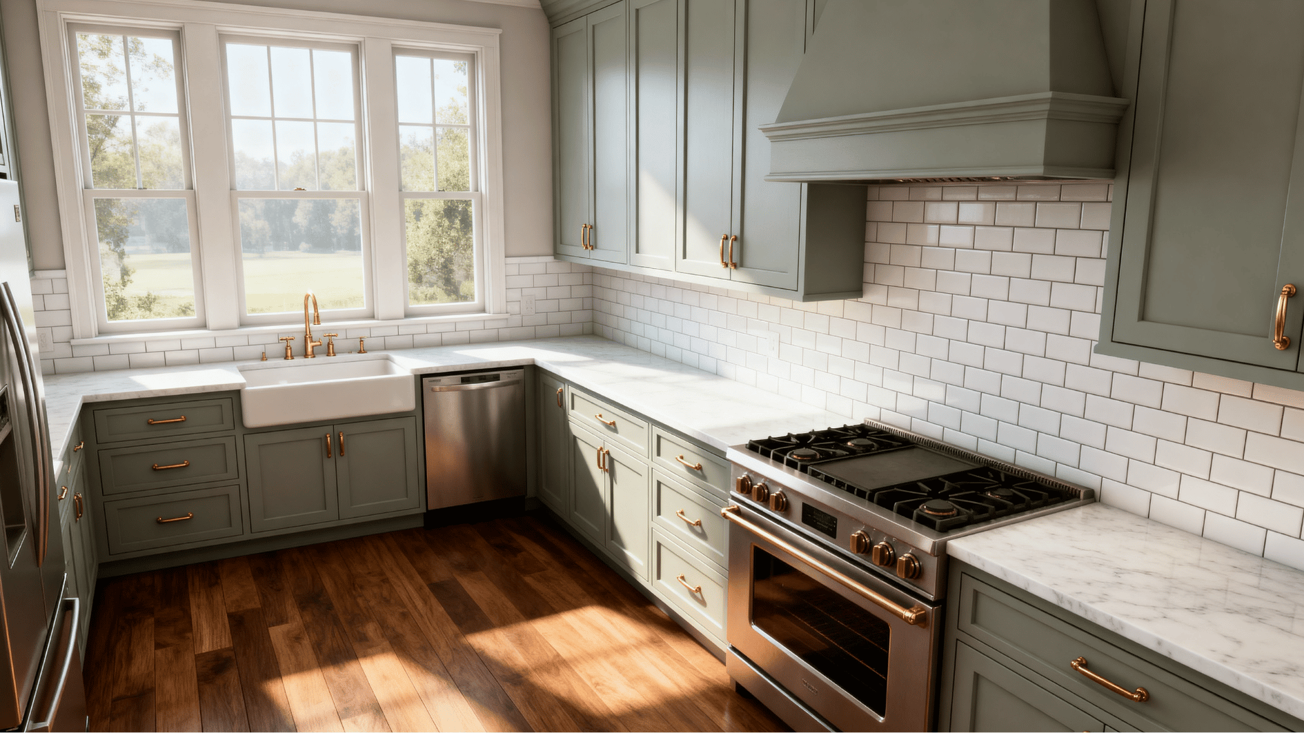 sherwin williams clary sage kitchen cabinets with white countertops, brass hardware, and wood flooring