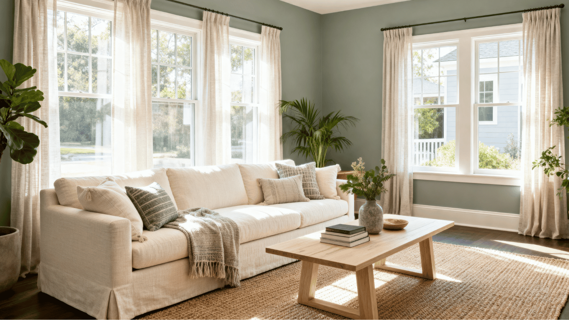 sherwin williams clary sage living room with cream sofa, natural wood furniture, linen curtains, and bright sunlight