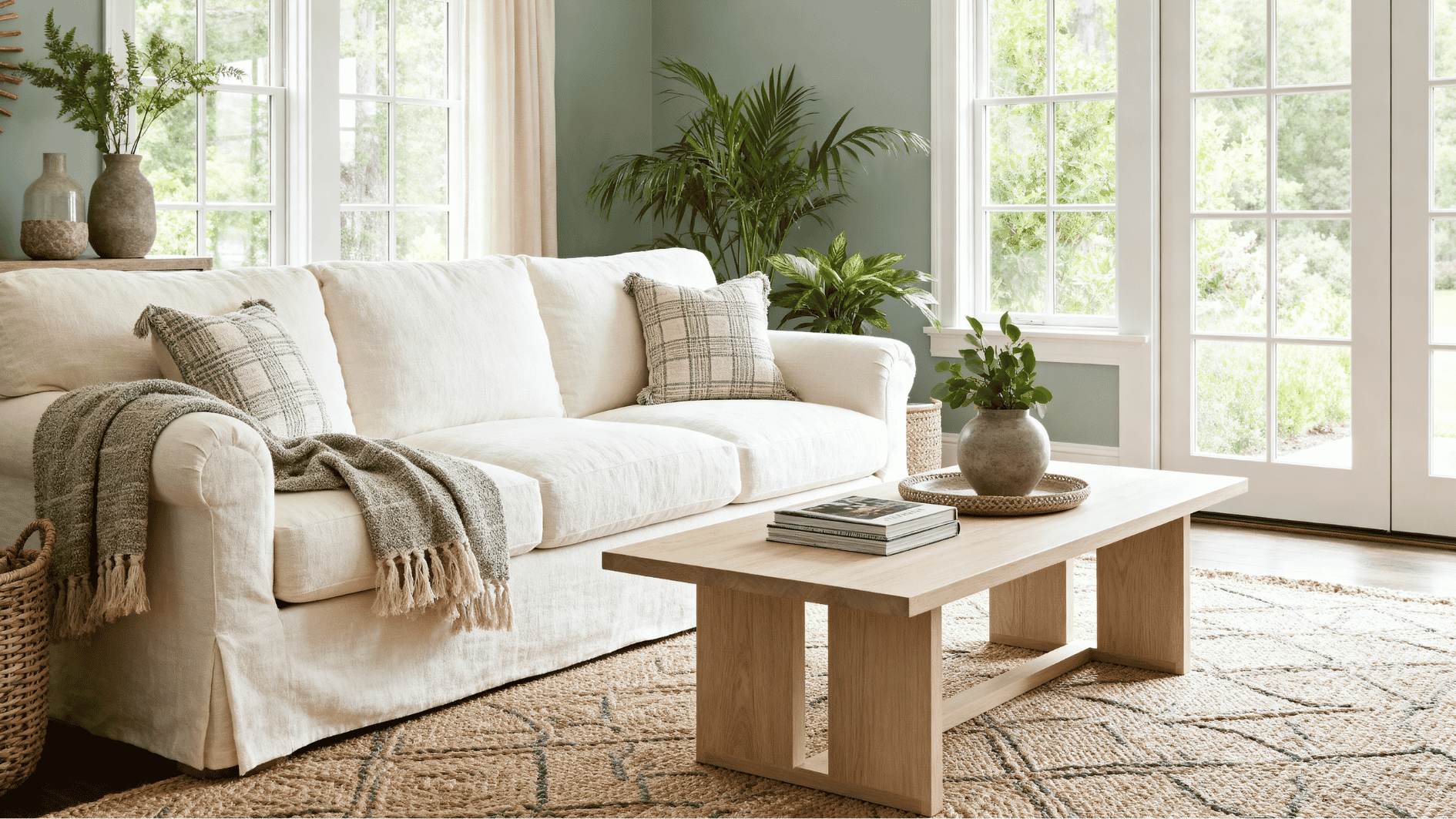 sherwin williams clary sage living room with cream sofa, wood coffee table, indoor plants, and bright natural light