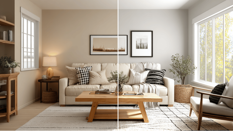 Side-by-side comparison of Accessible Beige and Agreeable Gray showing warm cozy vs light airy interiors.