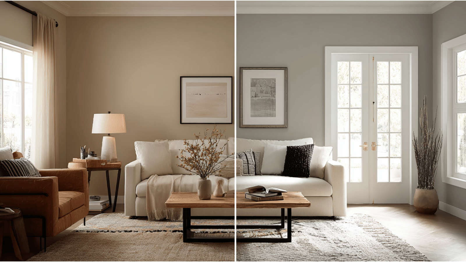 Side-by-side comparison of Accessible Beige and Agreeable Gray showing warm cozy vs light airy interiors.