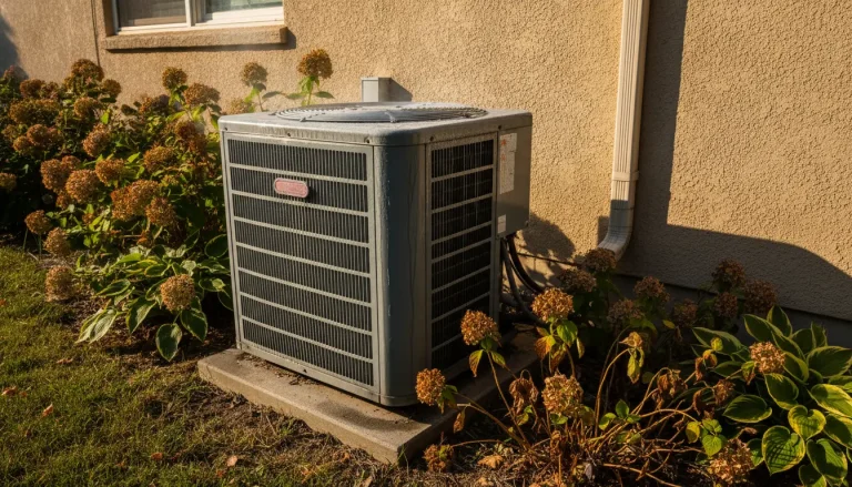 Outdoor air conditioning unit surrounded by flowering plants against stucco wall in late afternoon sunlight