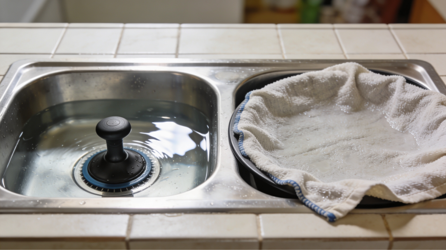 sink plunger seals over a kitchen drain while the second basin is covered with cloth