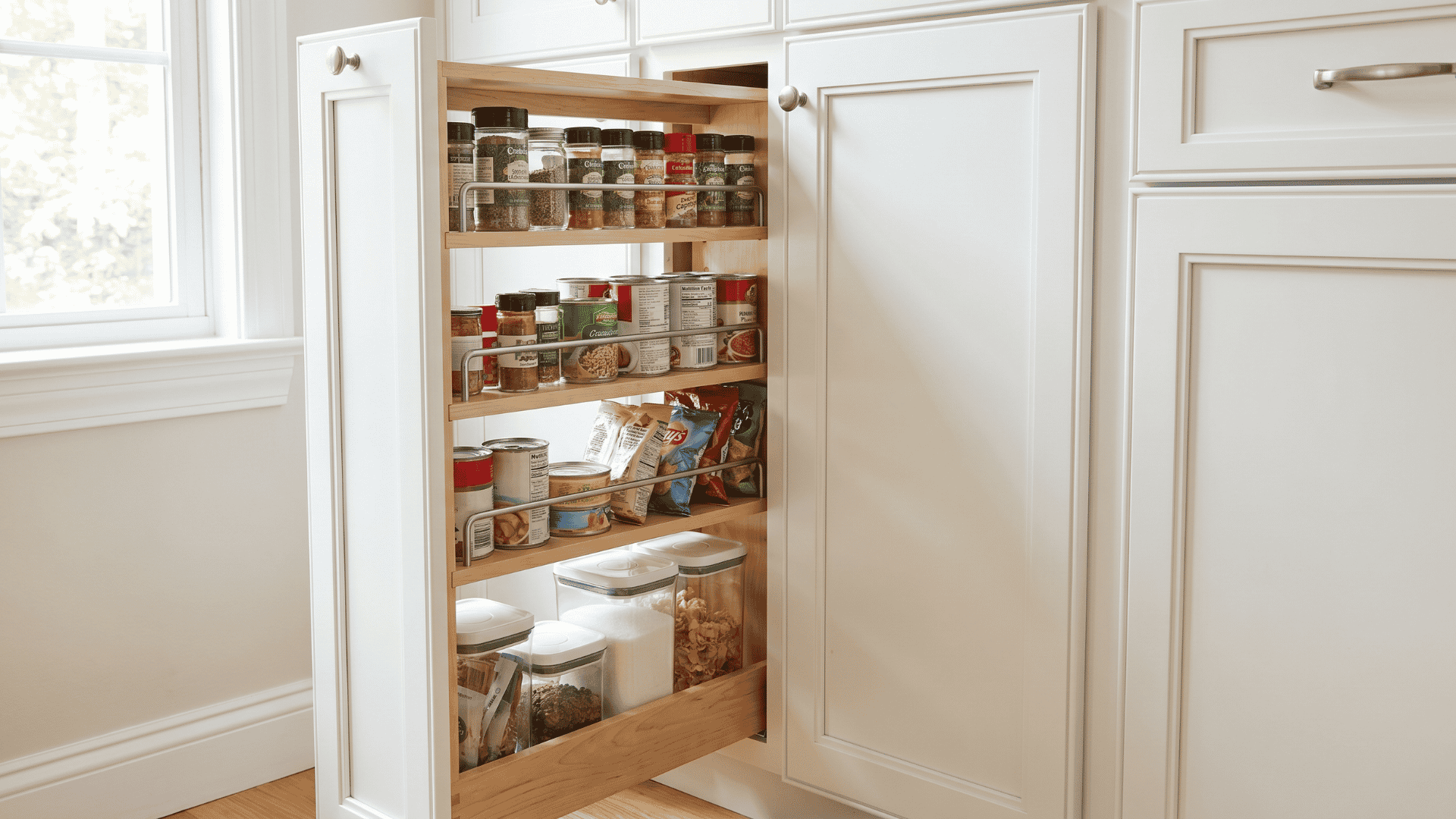 Slim pull-out pantry cabinet storing spices, canned goods, and snack containers beside kitchen cabinets