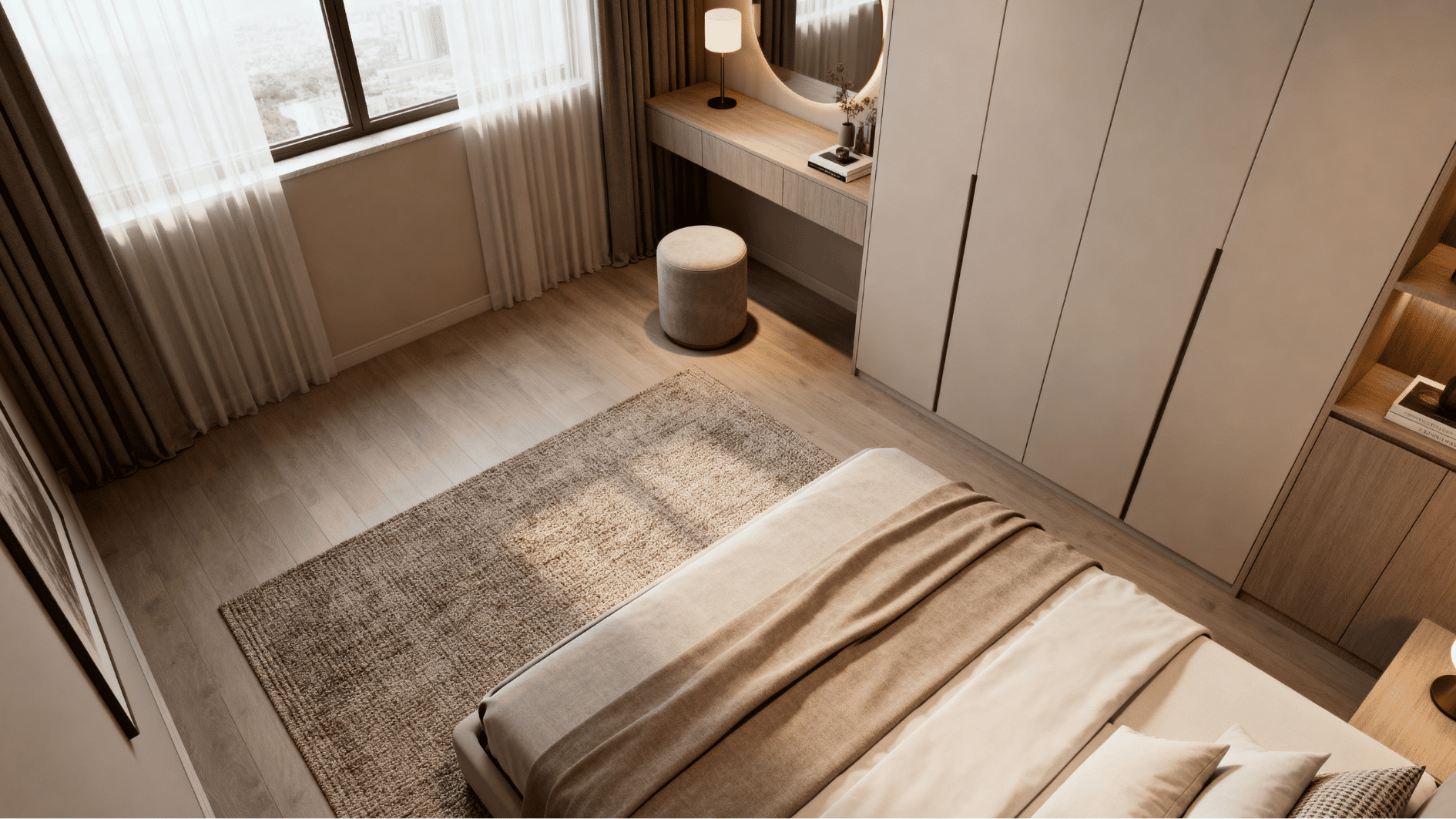small bedroom with king bed partially placed on rug near foot area for compact and space-saving bedroom layout