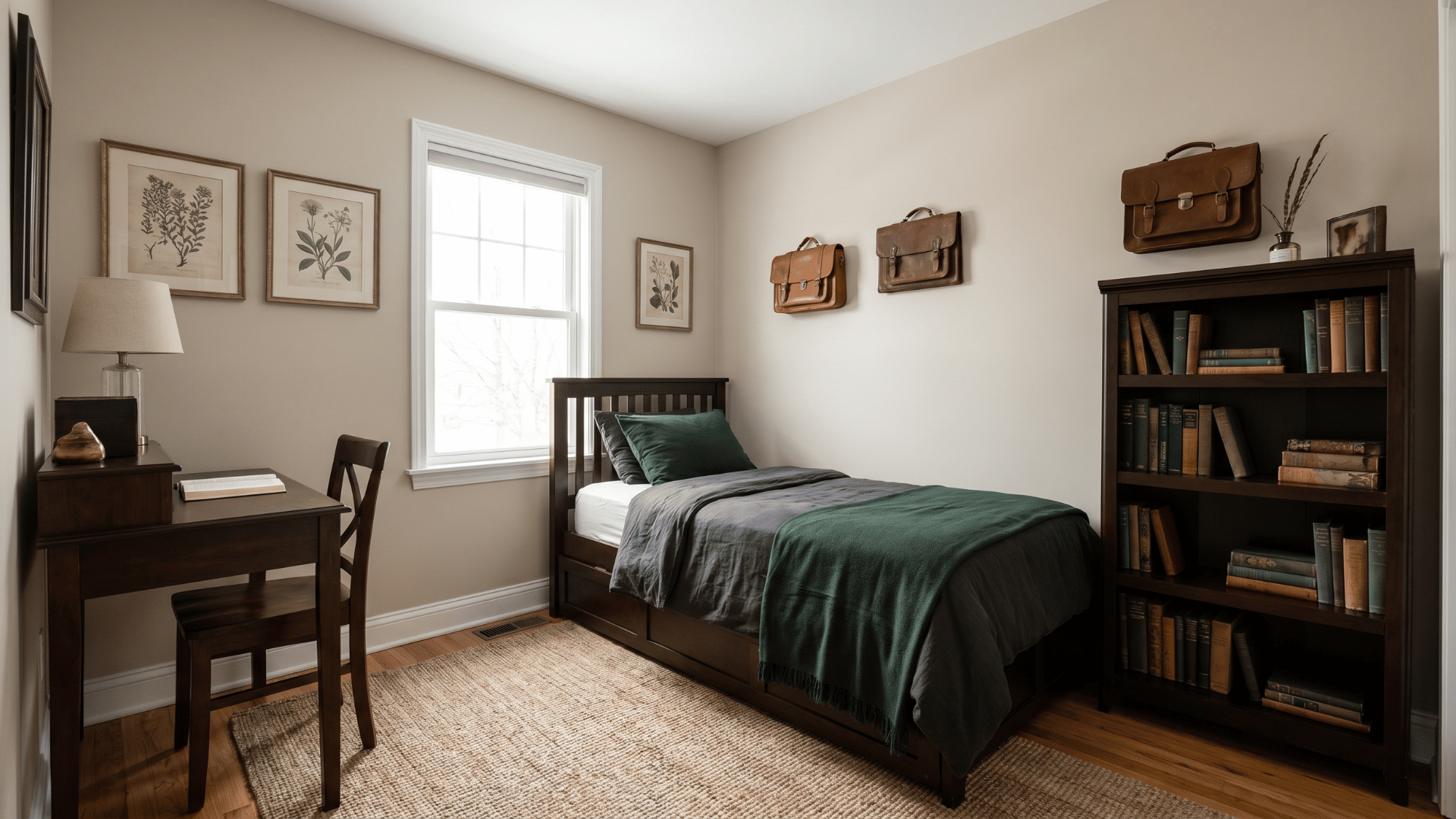 Small <echighlighted>dark academia bedroom</echighlighted> with dark bedding, wood furniture, and books
