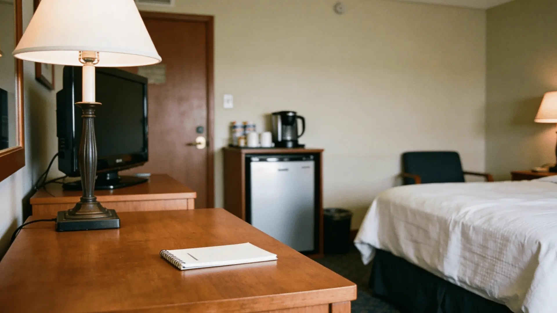 Small hotel room design with a bed, desk, and essential amenities in a 250-square-foot space