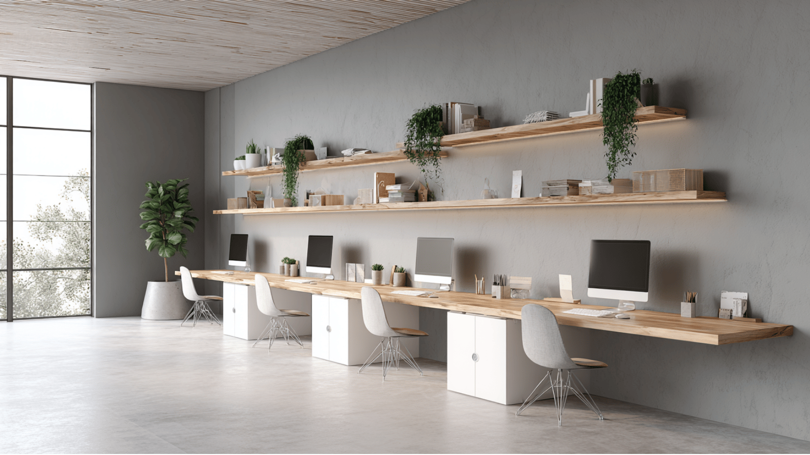 Small office with floating wall desk and open shelves.