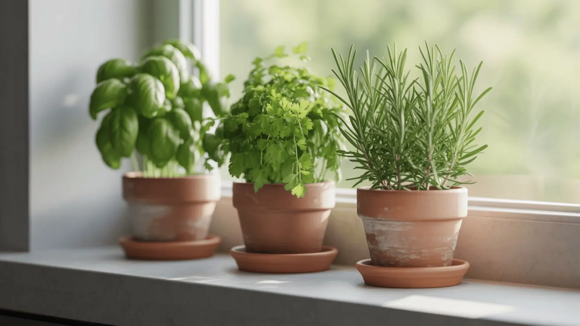 Small pots with herbs placed on a kitchen windowsill