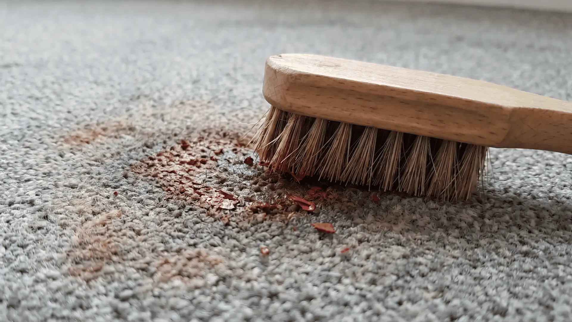 Small scrubbing brush working softened paint into carpet fibers Brush scrubbing softened paint from carpet fibers (1)