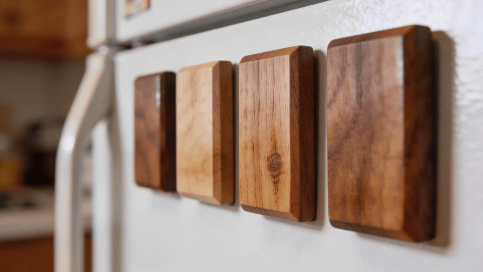 Small stained wooden block magnets attached to a refrigerator door