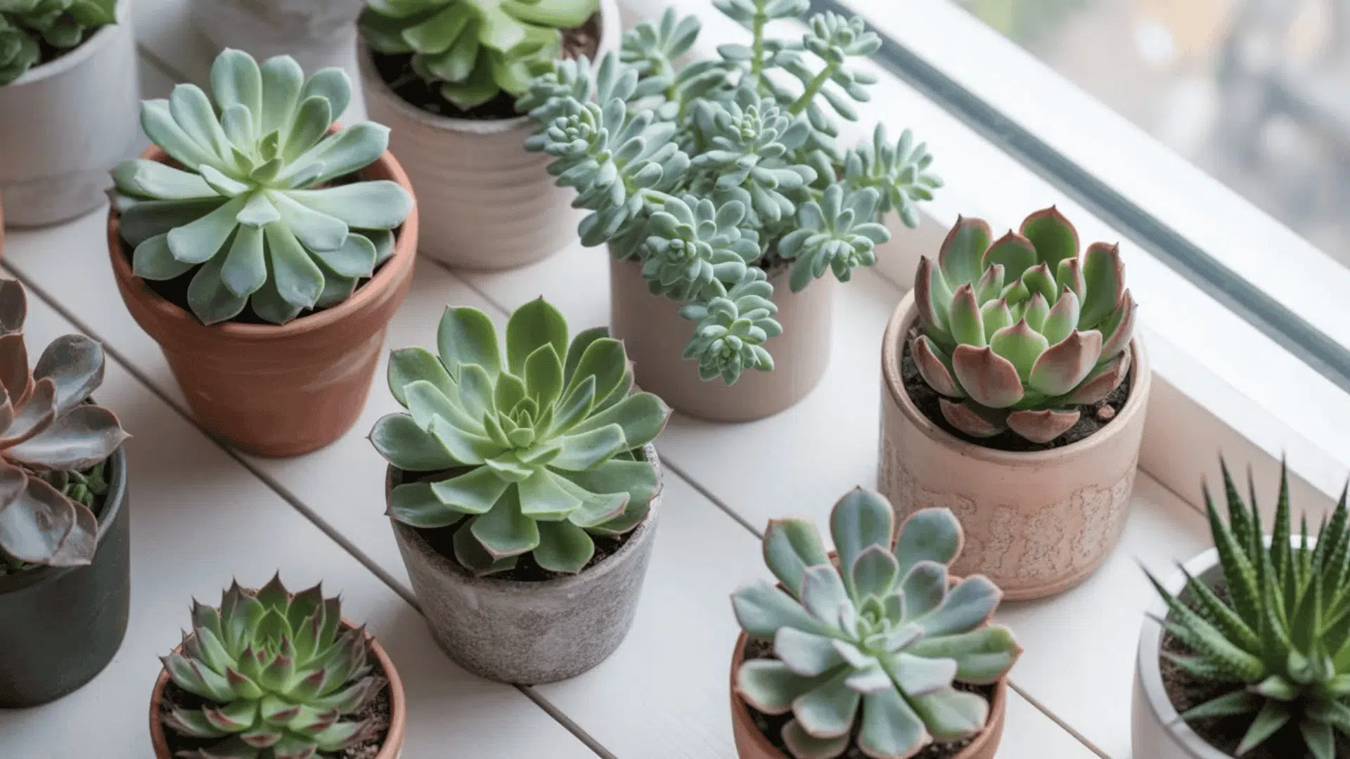 Small succulent plants arranged in containers on a surface