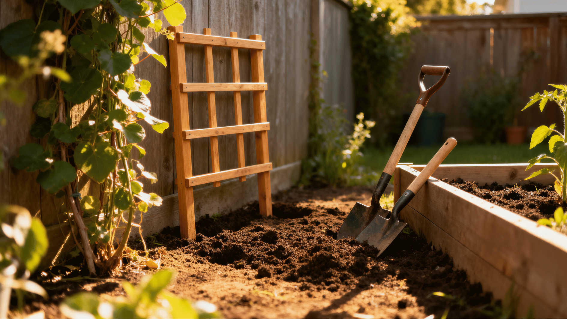 small wooden diy trellis installed beside a raised garden bed with gardening tools in a sunny backyard garden