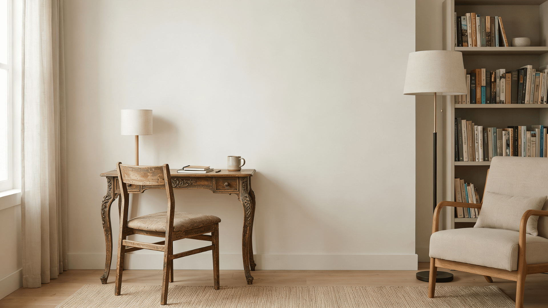 Small writing desk and reading corner with books in a simple bedroom