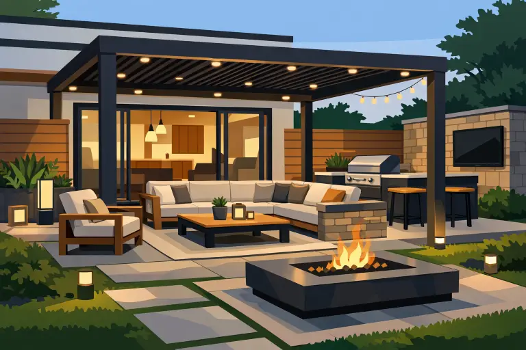 Modern outdoor patio with sectional sofa, fire pit, and grill under pergola in evening light