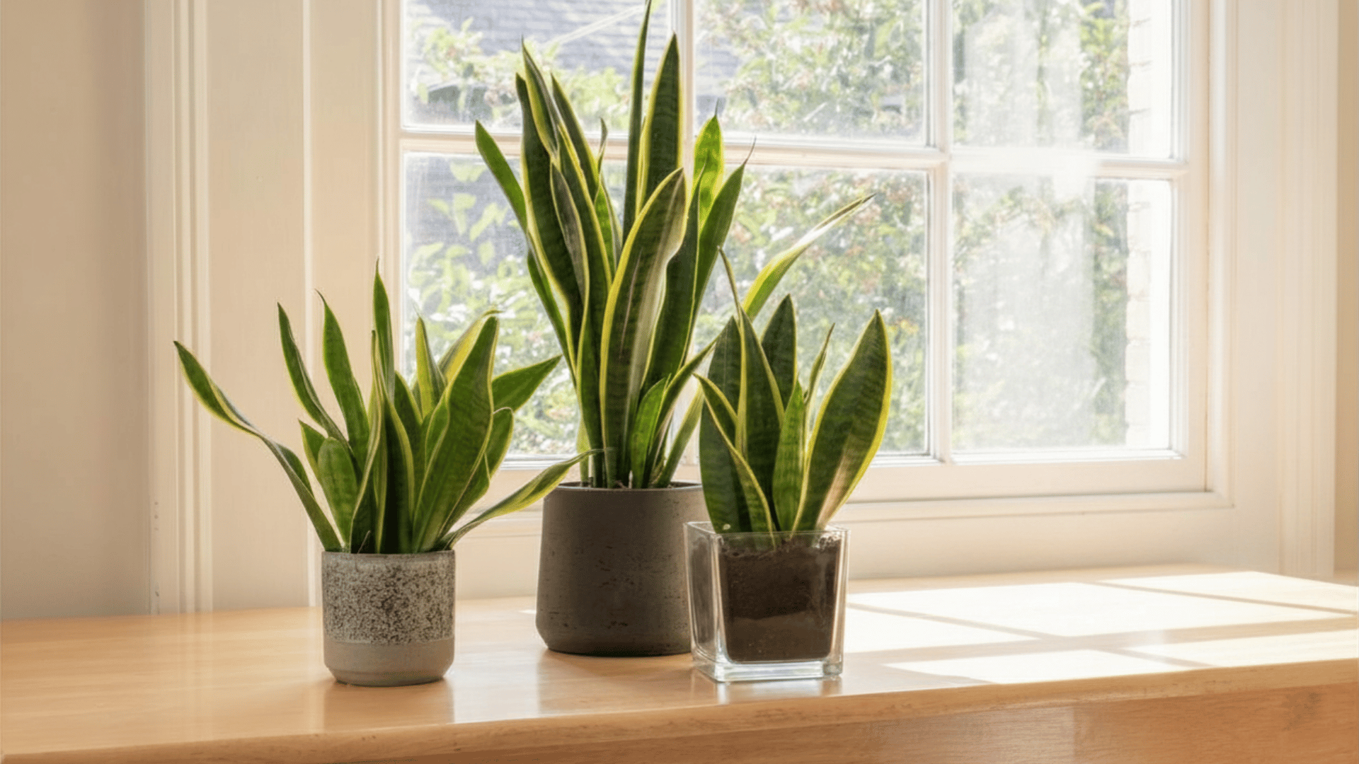 Snake plants  plants placed on a wooden table near a bright window with natural sunlight indoors.