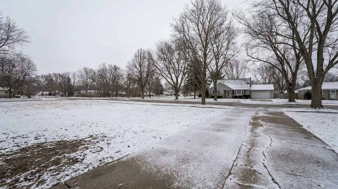 Snow-covered suburban street with leafless trees and residential houses under overcast sky