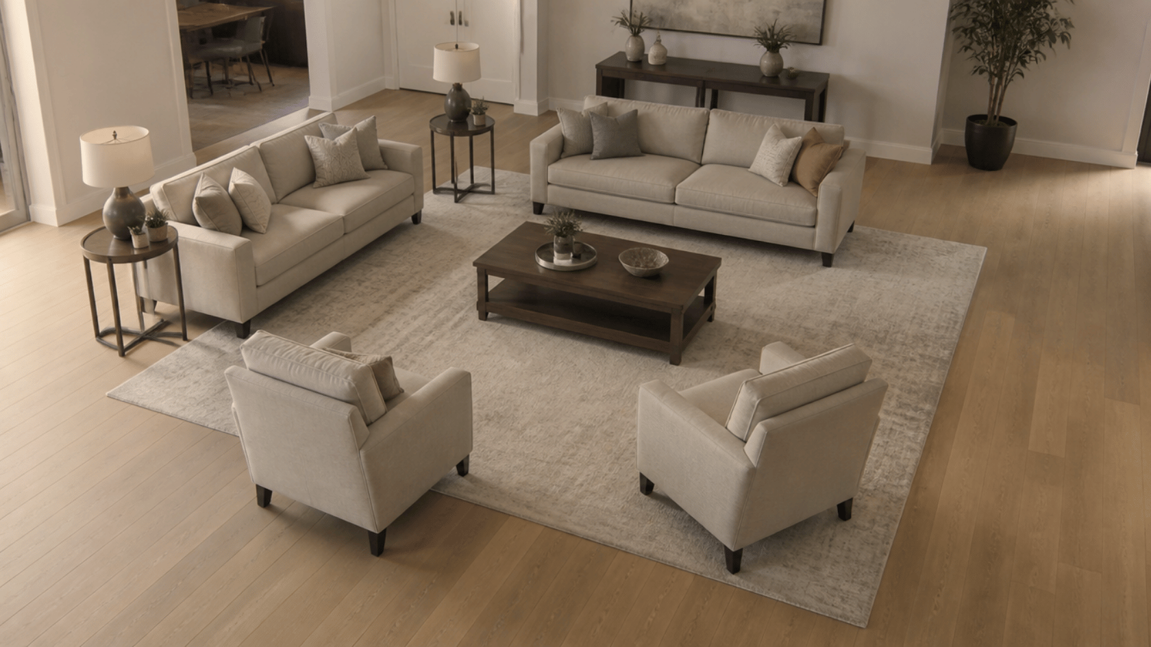 Sofas and chairs positioned away from walls on a rug in an open living room seating area