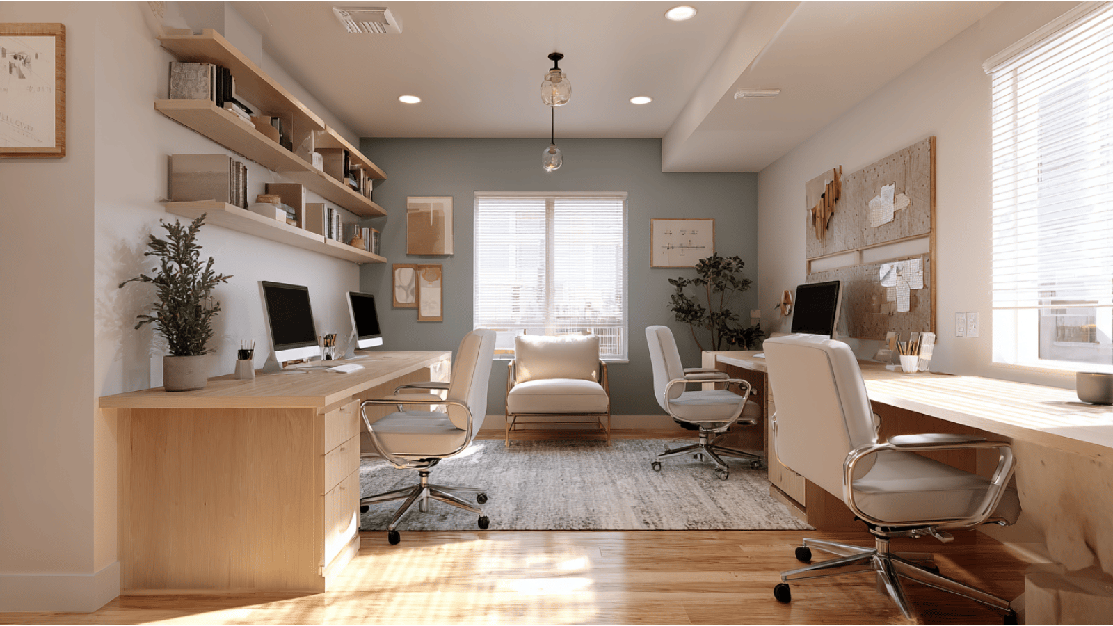 Soft color office interior with pastel tones.