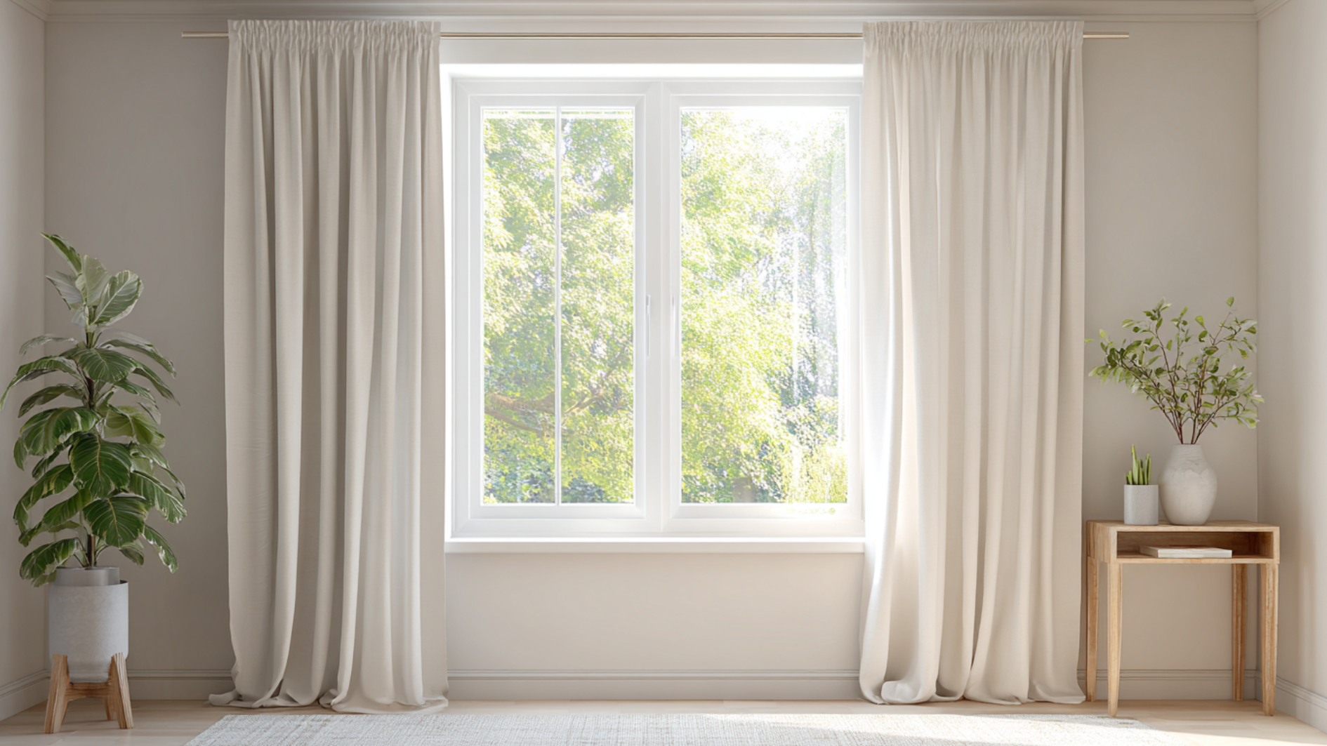 soft white curtains frame a bright window with garden view, indoor plants, and a simple wooden side table nearby.