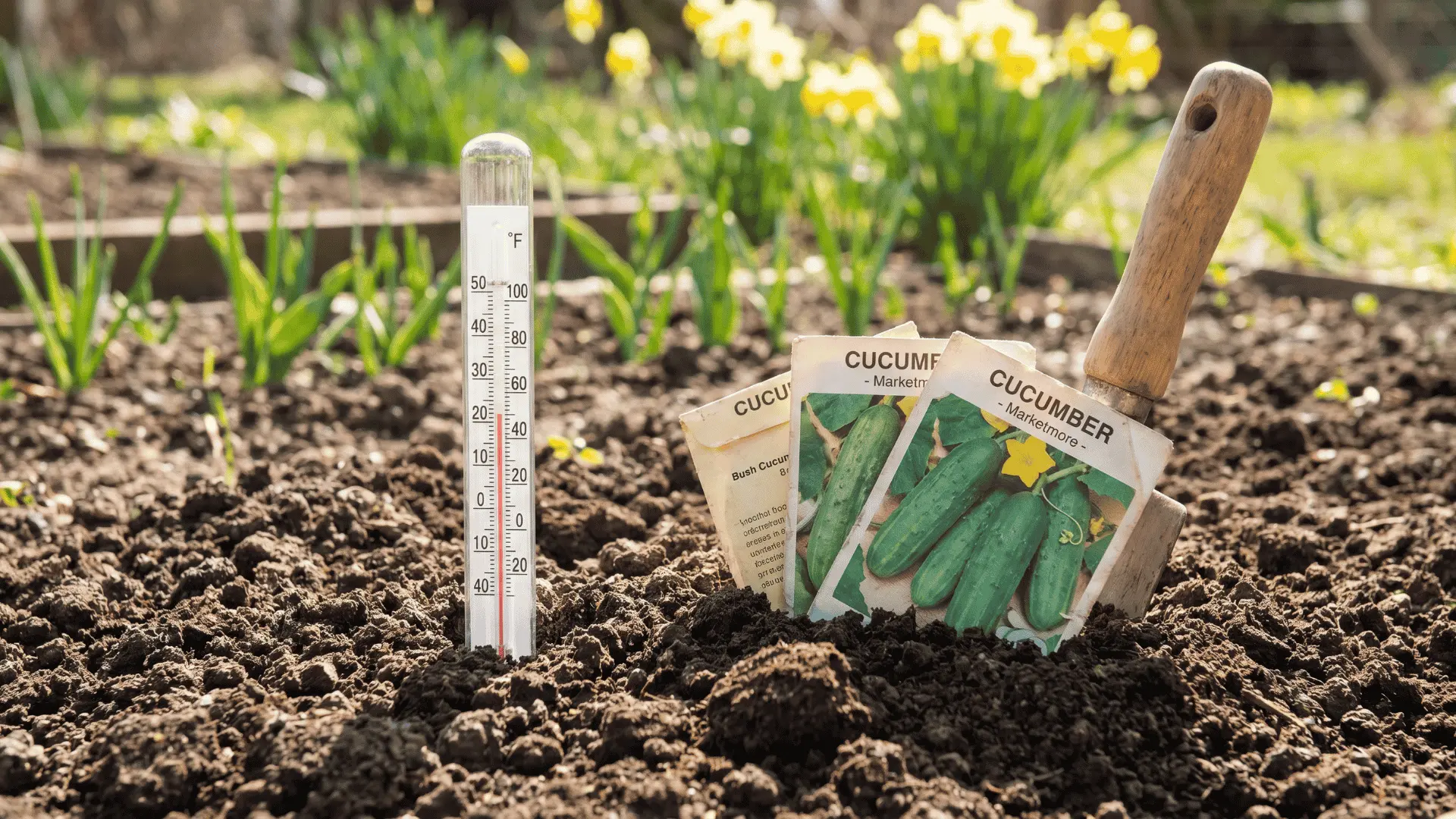 Soil thermometer and cucumber seed packets placed in a prepared garden bed with rich soil and spring flowers in the background.