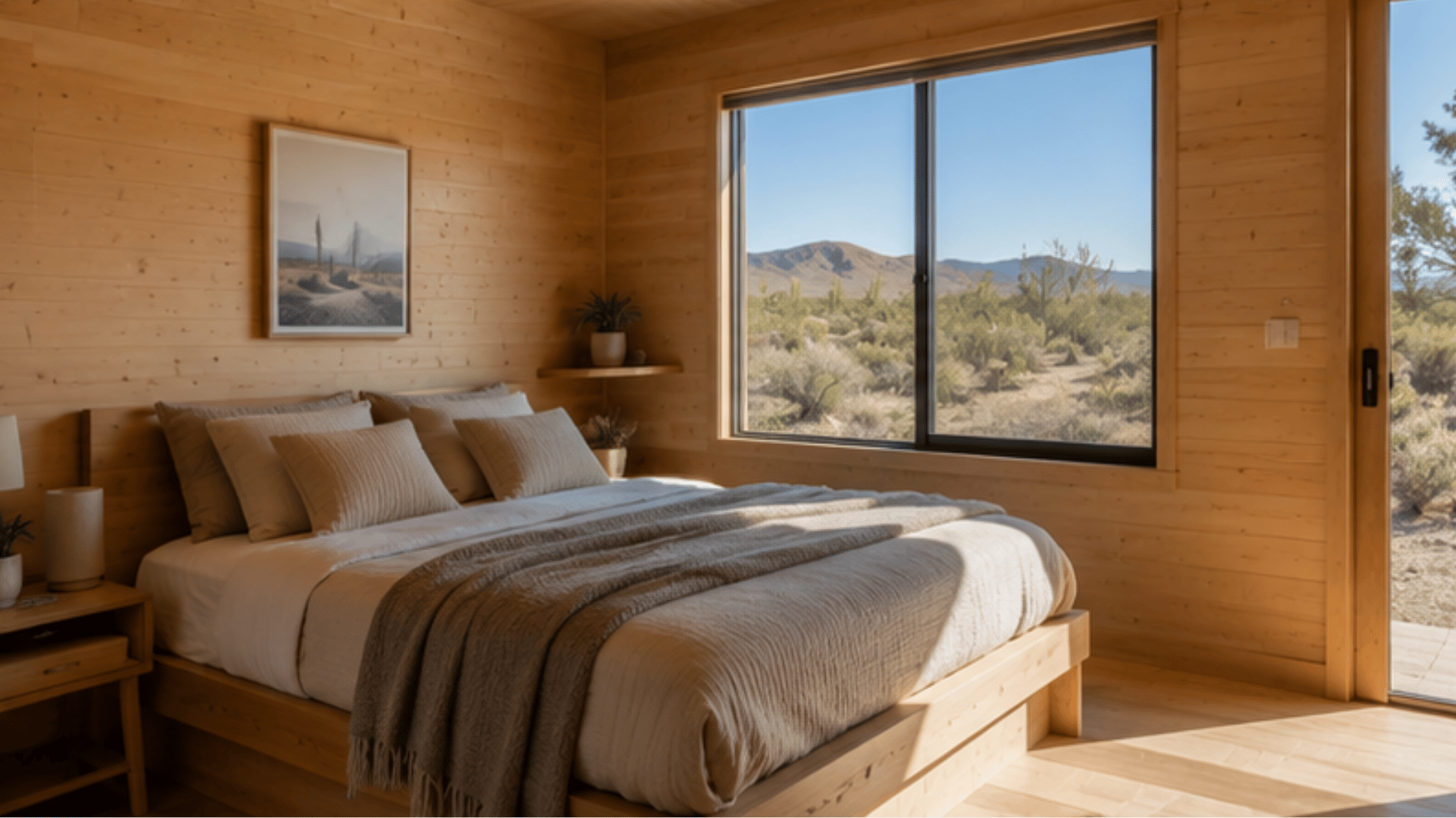 solar-powered desert cabin with dark wood exterior, solar panels, warm modern interiors, and open desert surroundings
