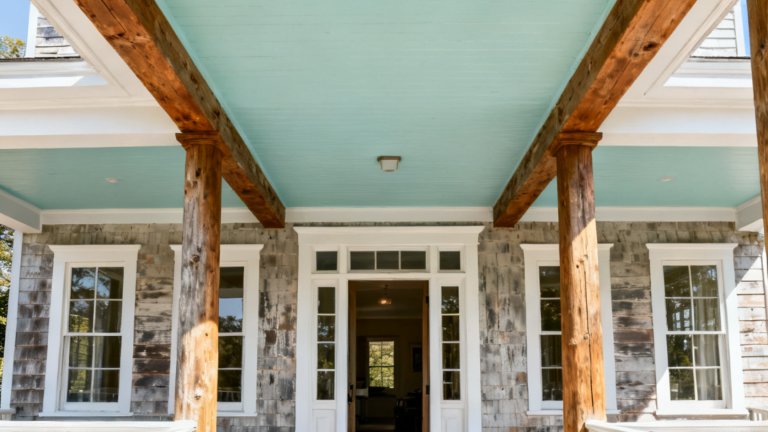 Southern-style home exterior with soft pale blue-green porch ceiling, white trim, natural wood beams, and surrounding greenery in daylight.