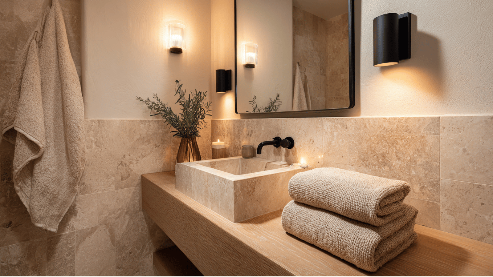Spa-inspired bathroom with Accessible Beige walls, warm lighting, and natural stone textures