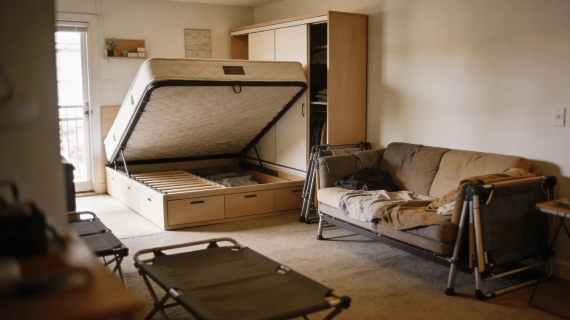 Space-saving furniture like Murphy beds and foldable tables in a small apartment