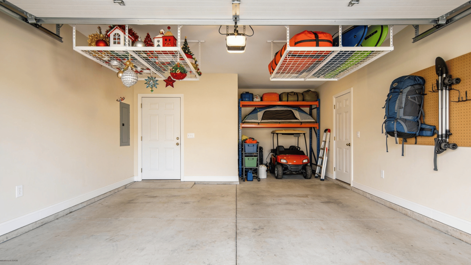 spacious garage with overhead storage racks shelving camping gear decorations and open floor space for parking
