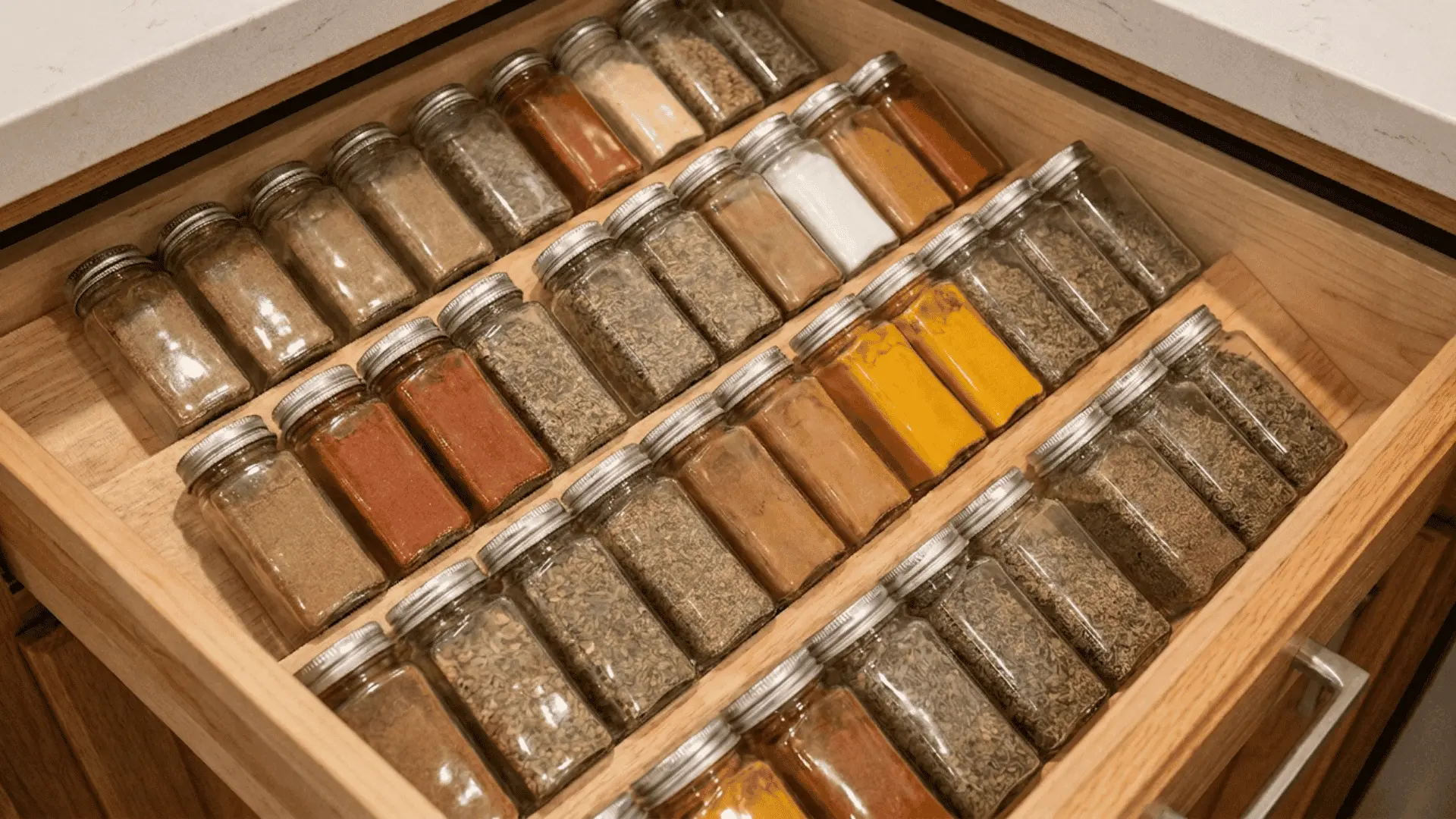 Spice drawer with spice jars arranged in angled rows.