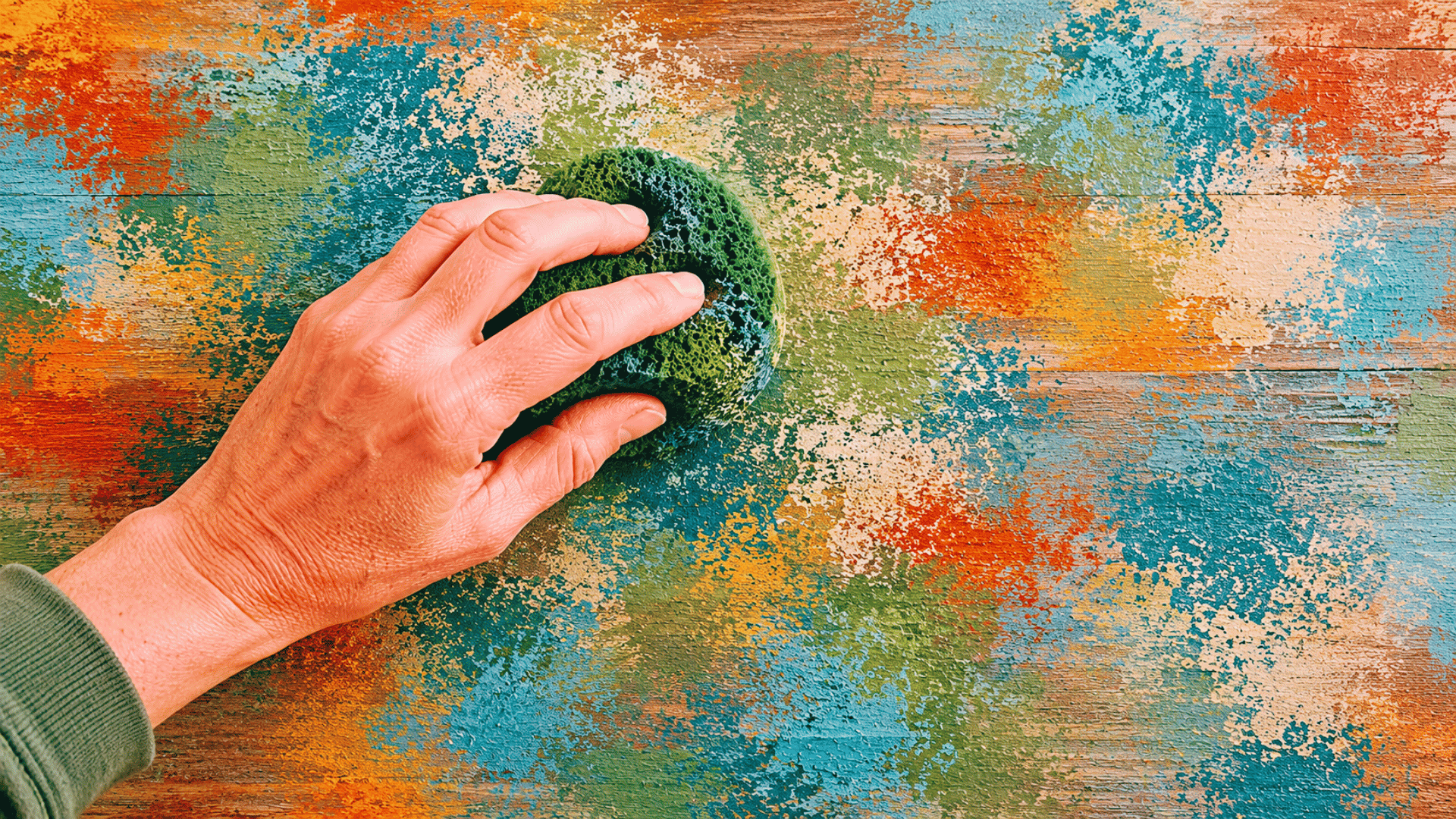 sponging technique creating textured and layered acrylic paint effects on wood