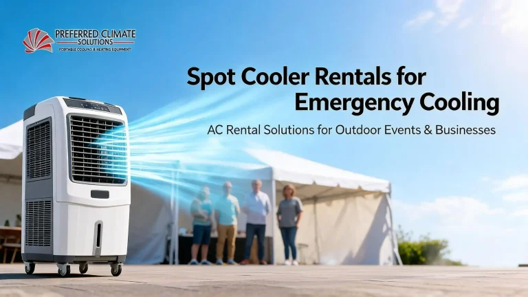 Portable air cooler releasing cool air outdoors near event tents under blue sky