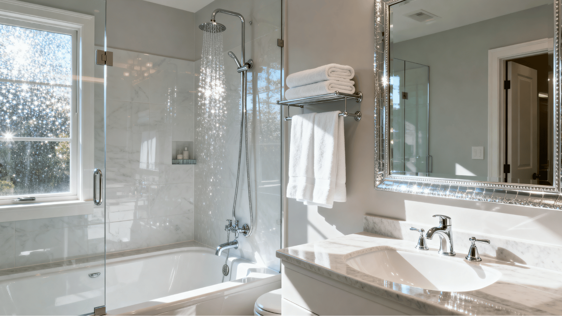 spotless modern bathroom after deep cleaning with sparkling fixtures, clean surfaces, and bright natural light.