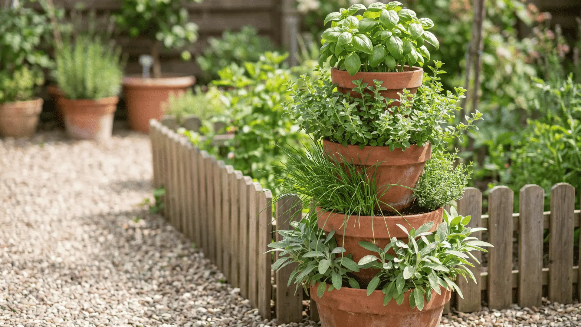 Stacked pots in a small outdoor garden with herbs like basil, oregano, chives, and sage growing in each tier.