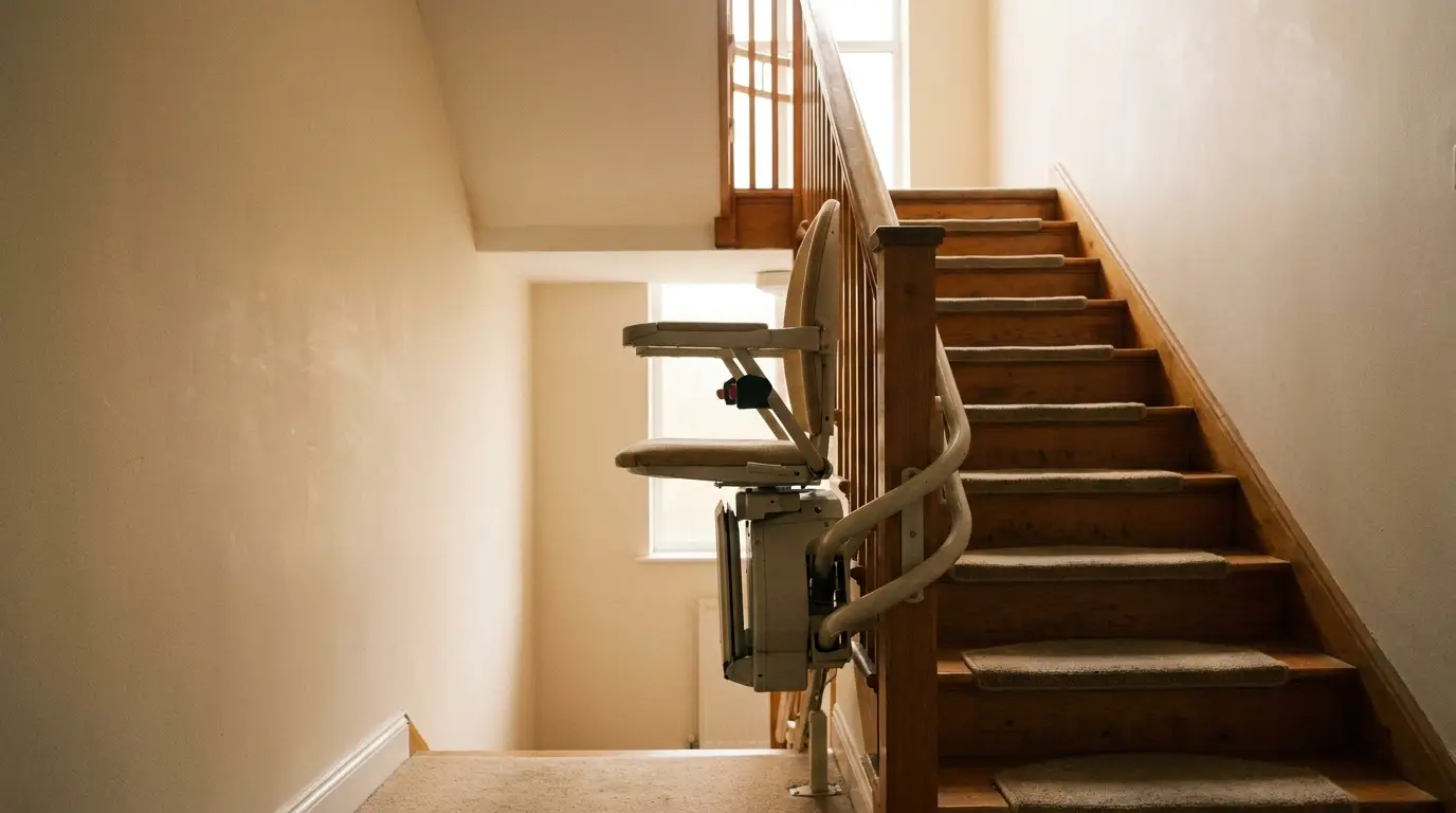 Stairlift on wooden staircase in a warmly lit hallway with beige walls