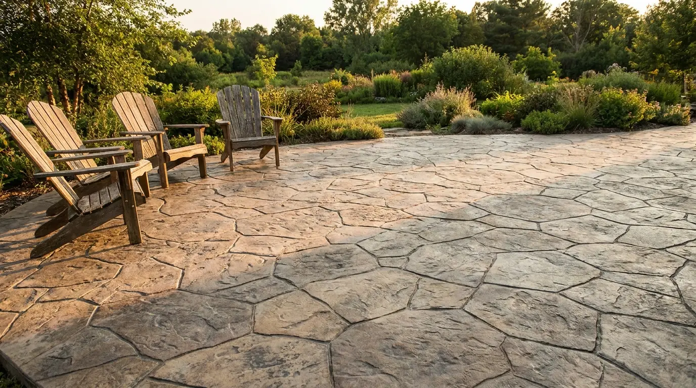 Wooden Adirondack chairs on stone patio surrounded by lush garden at sunset