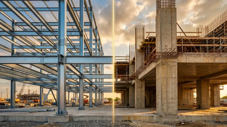 Steel and concrete building structures under construction in outdoor setting with sunset lighting