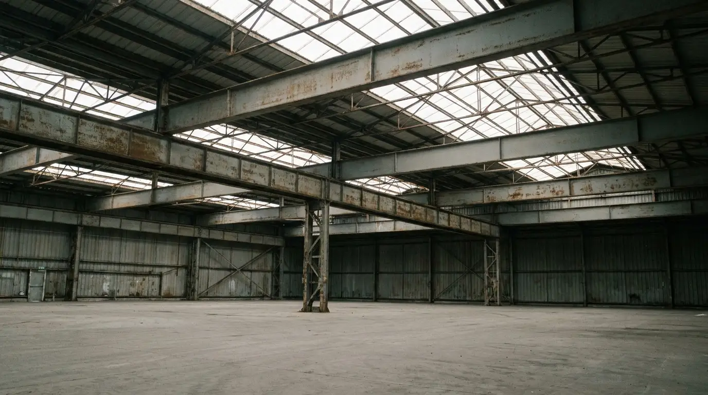 Large empty industrial warehouse with metal beams and a corrugated roof