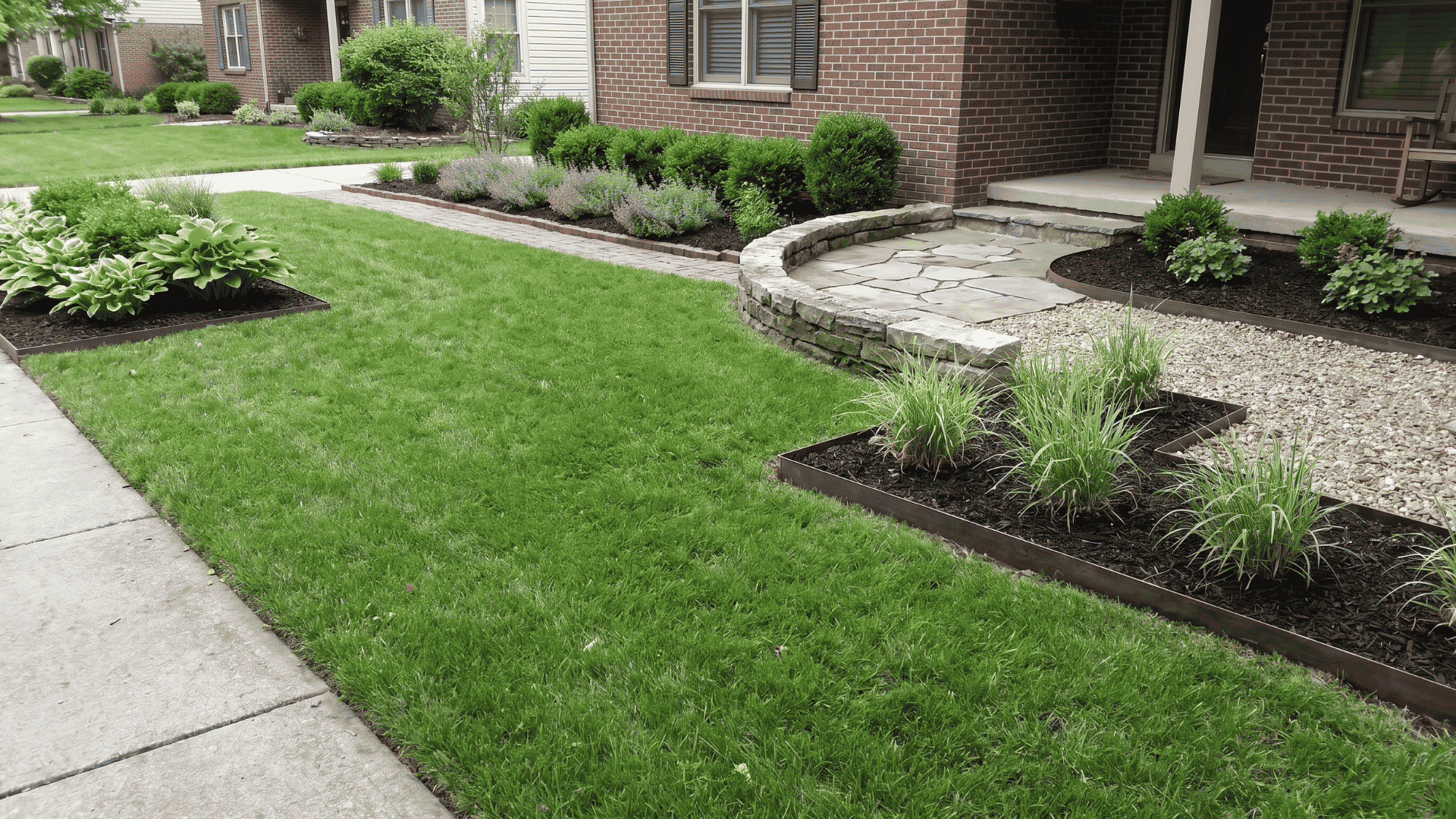 Stone and metal edging separating lawn from garden beds.