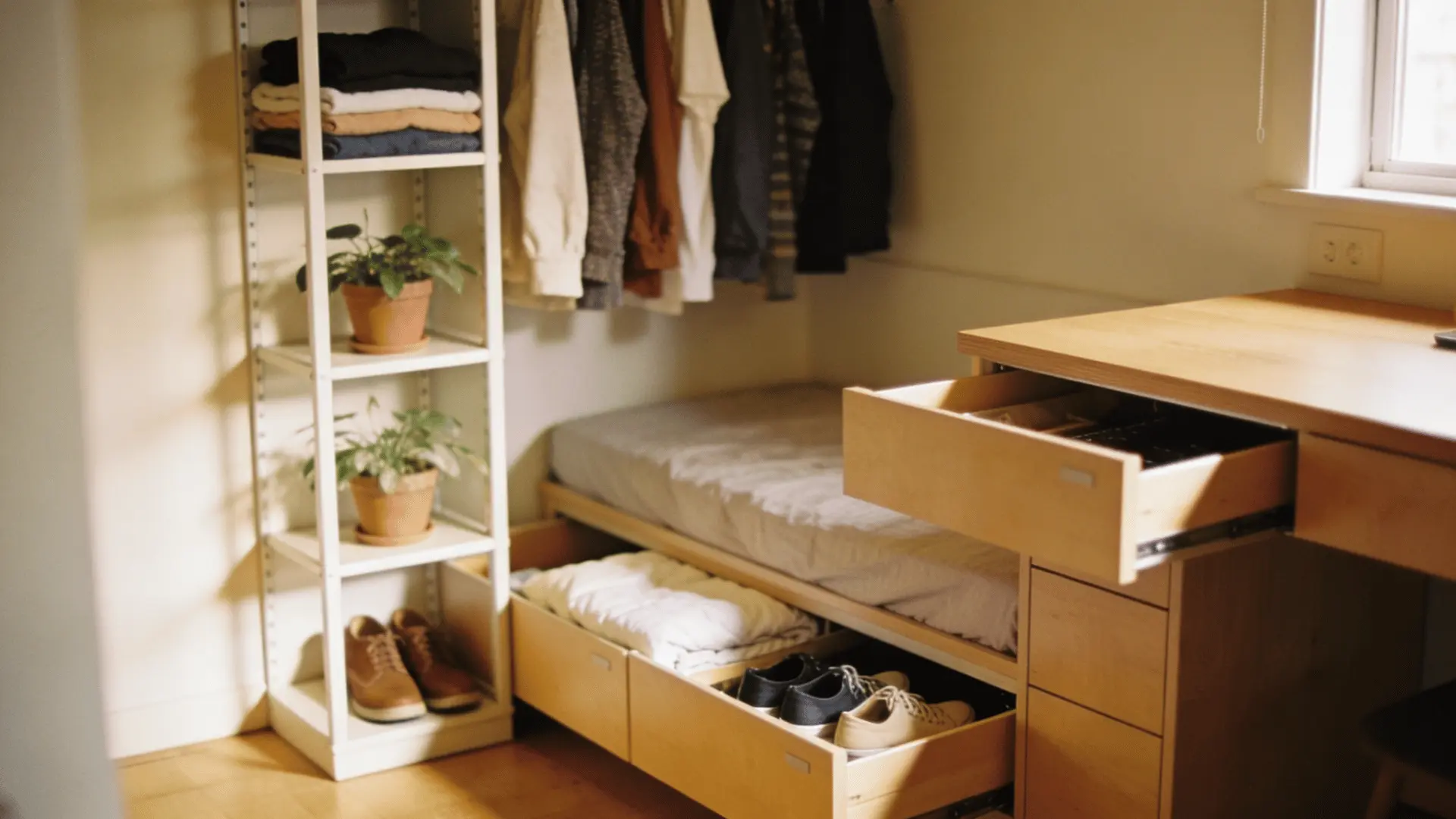 Storage solutions for a 250-square-foot space, with vertical shelves and under-bed storage.