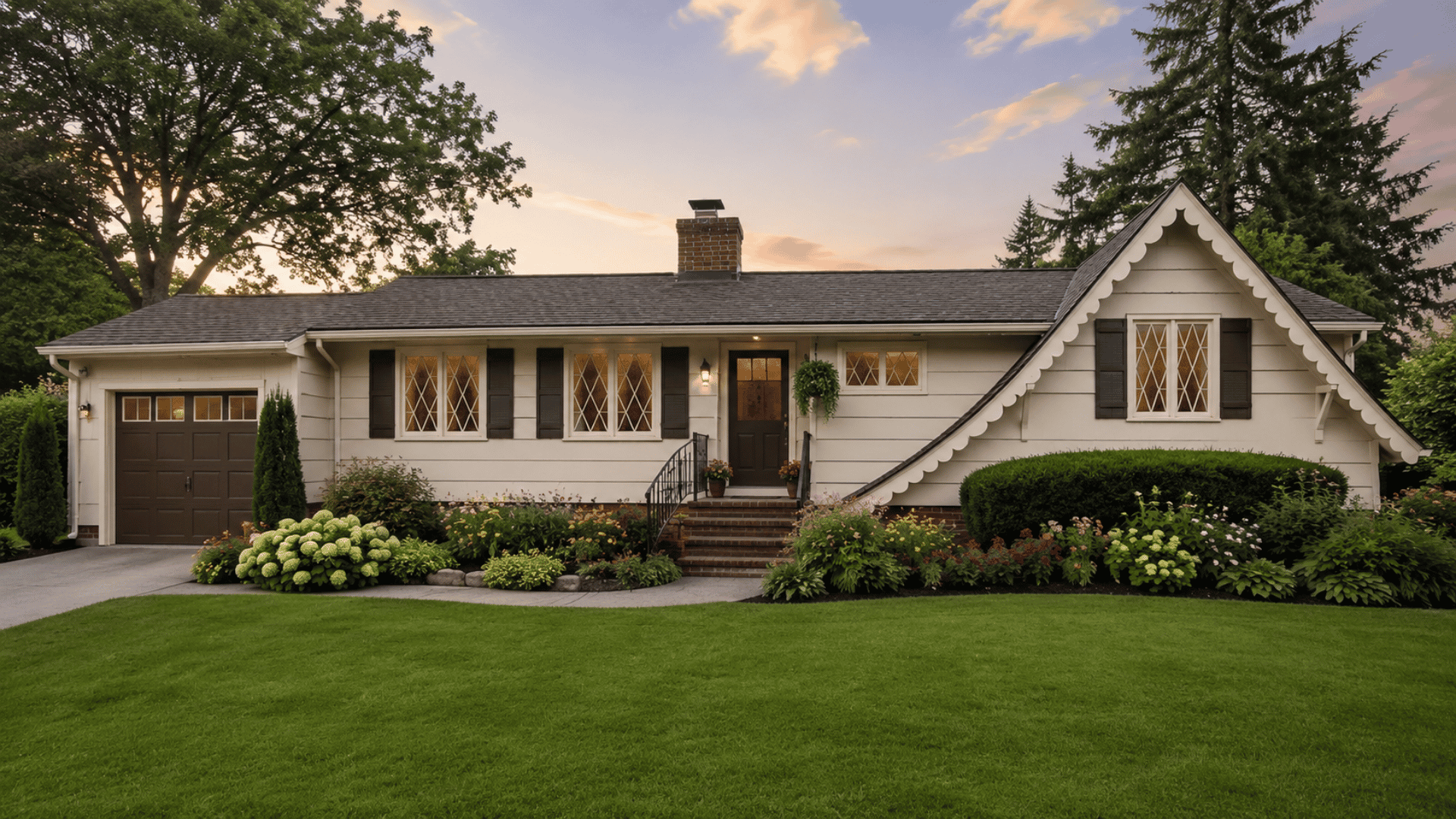 storybook ranch house with cottage details and garden