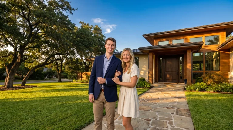 Couple standing on stone path in front of modern house with wooden siding and green lawn