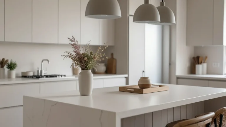Styled kitchen island with vase tray and ceramic vessel under pendant lights