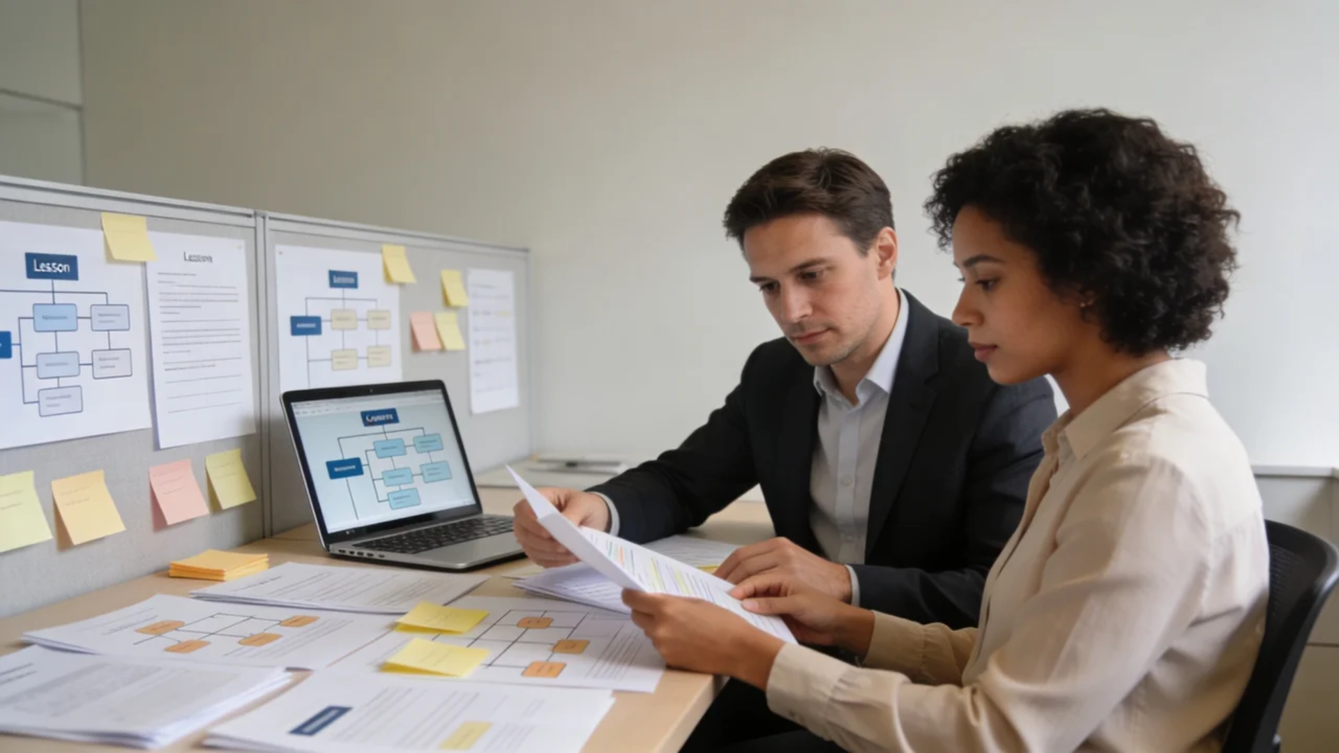 Subject matter expert and instructional designer organizing training materials at a workspace