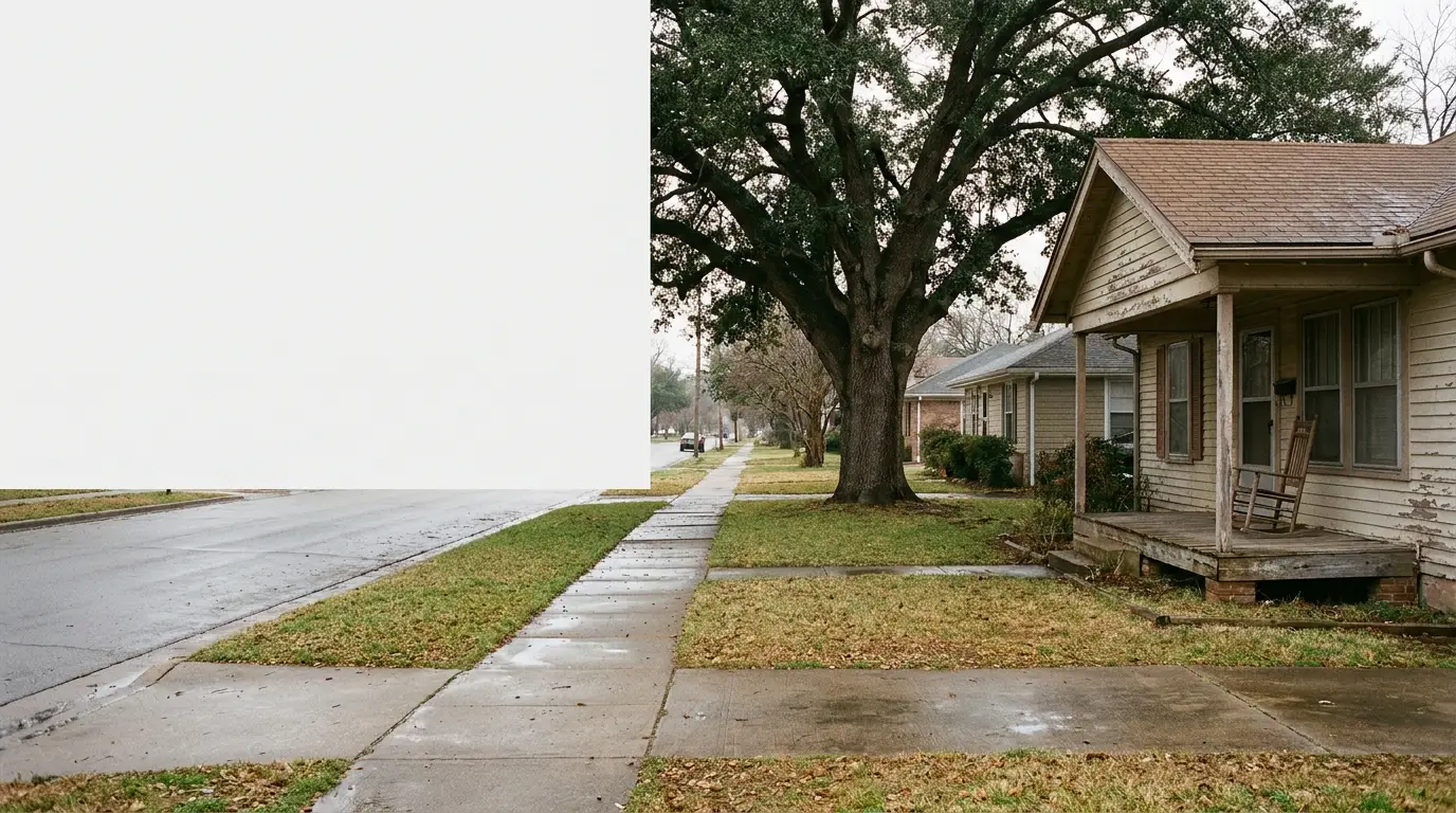 Suburban street with wet sidewalks, large tree, and wooden house porch in overcast light