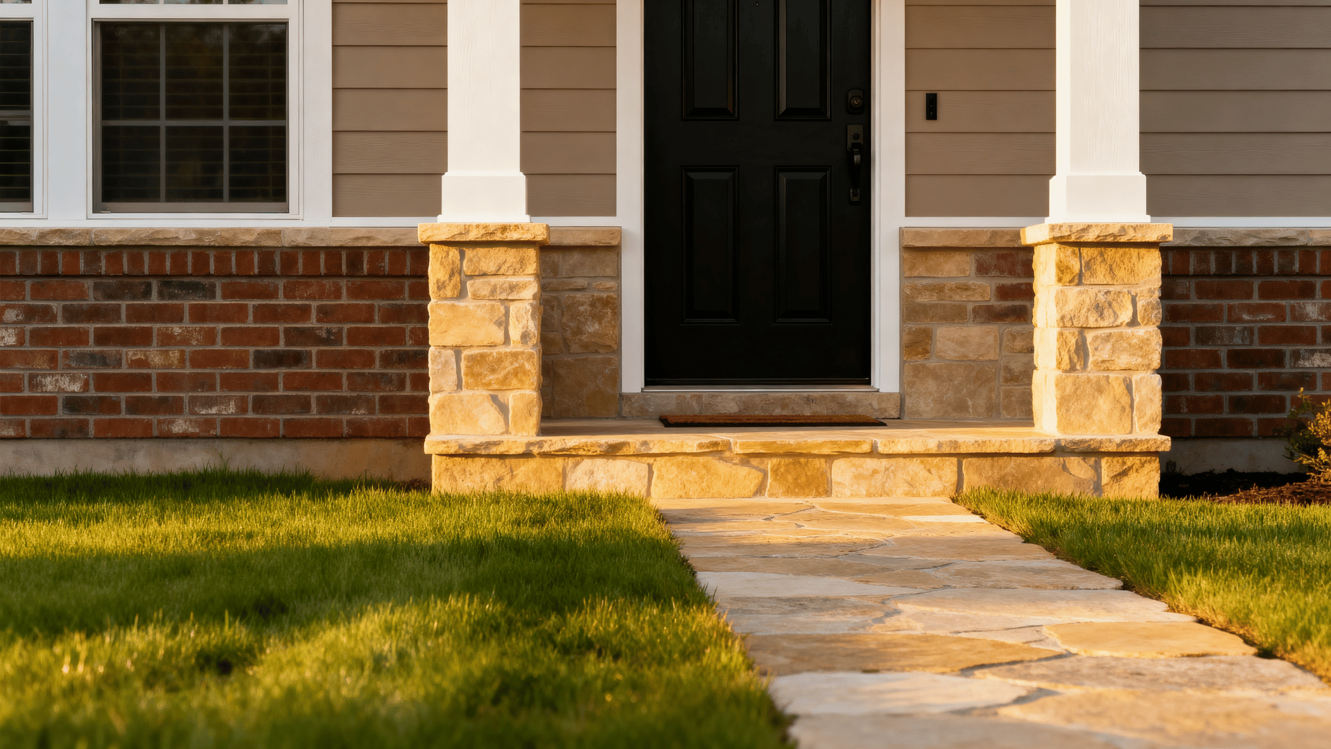 suburban home with warm greige siding, brick, soft white trim, black front door, limestone accents, and stone walkway