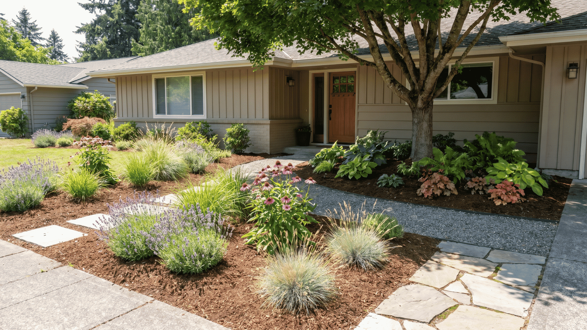 Sun-loving and shade-tolerant plants grouped in different sections of a front yard.