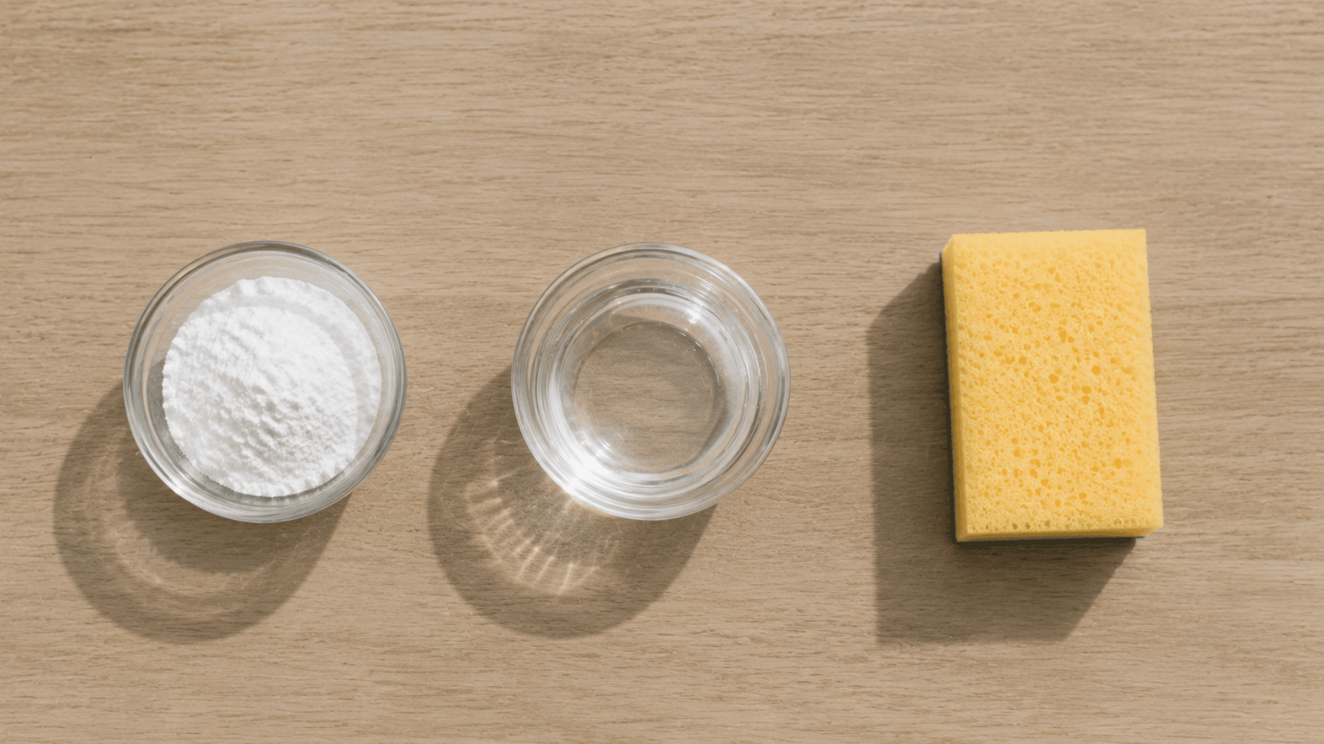 tabletop setup with glass and sponge and baking soda for cleaning shower tiles