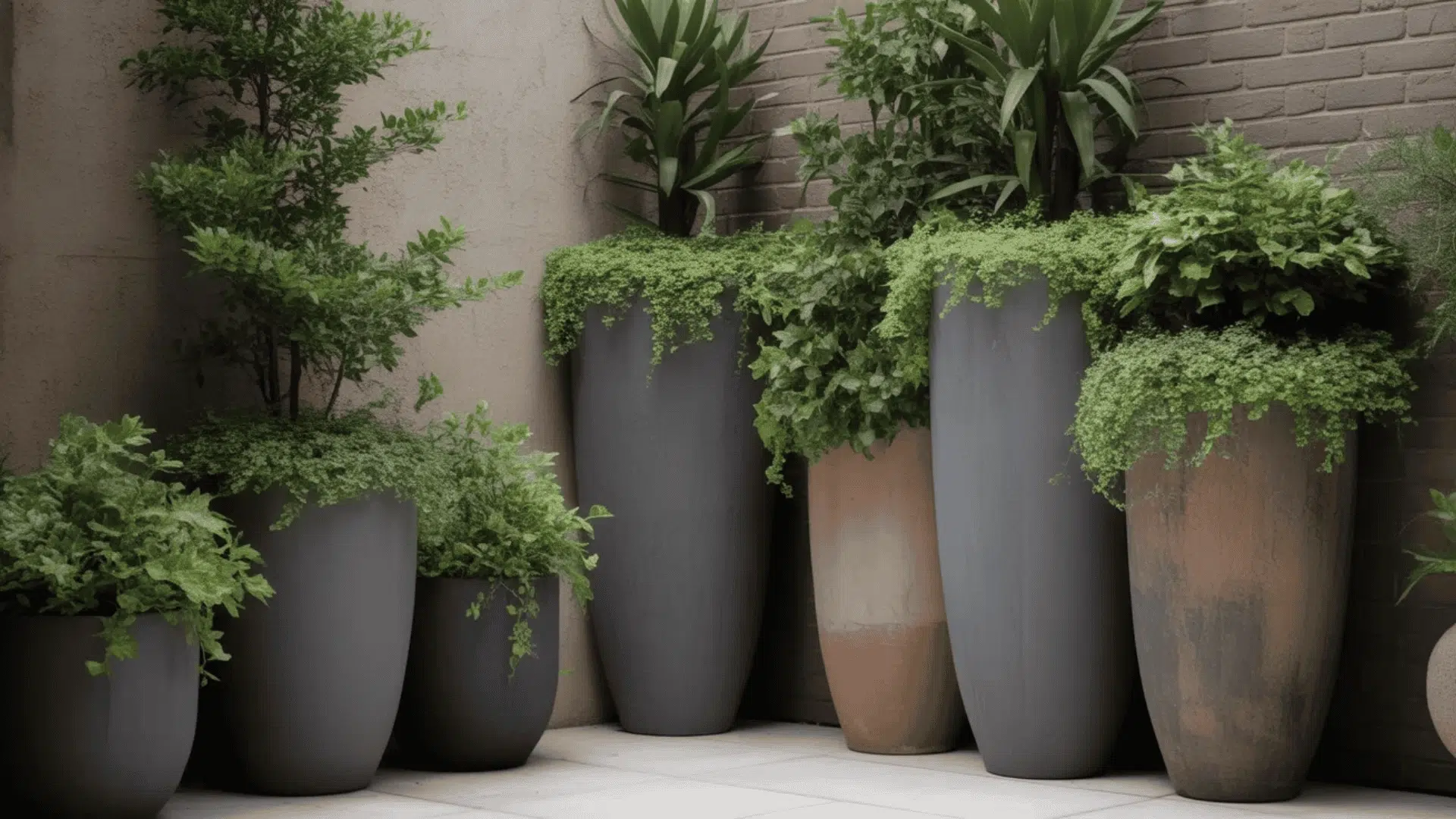 Tall planters placed near a wall with plants growing upward in a garden corner